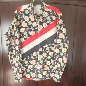 Thom Browne Floral Striped Casual Button Down Shirt - Black, Red, White, Blue